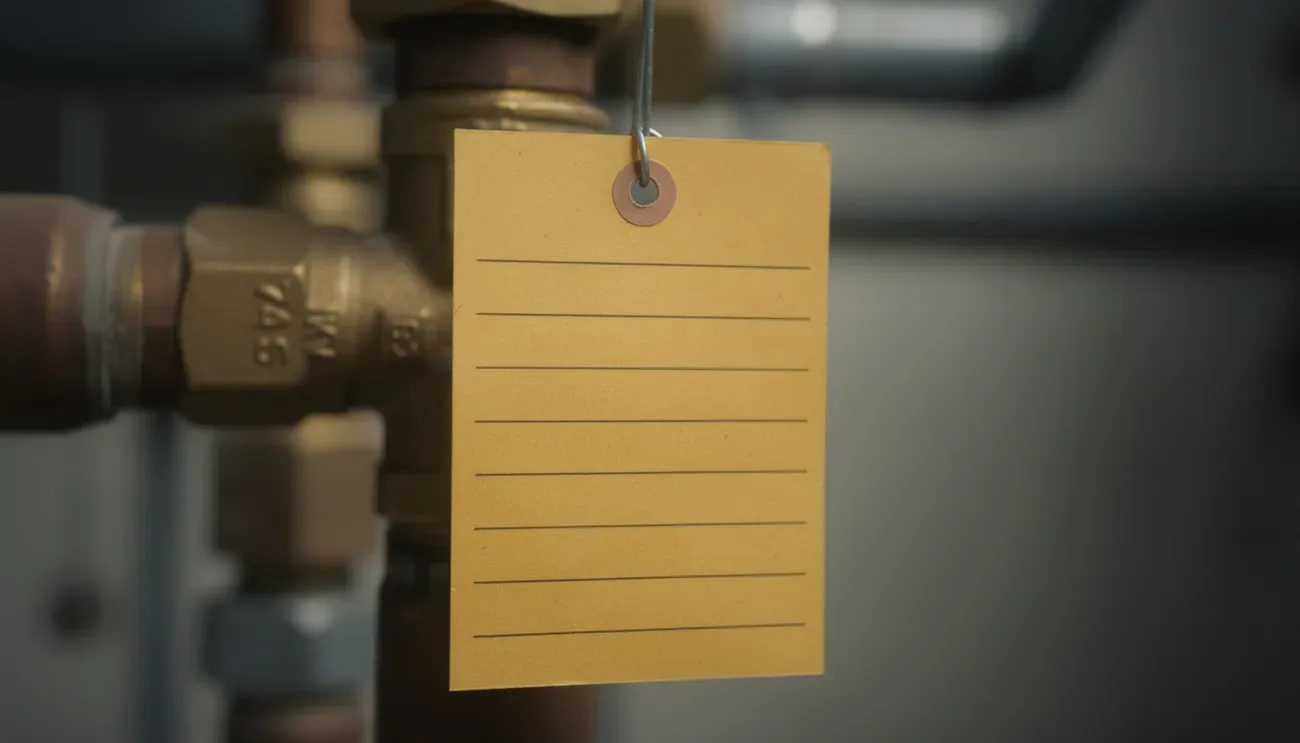 A blank amber test tag wired to a brass backflow preventer