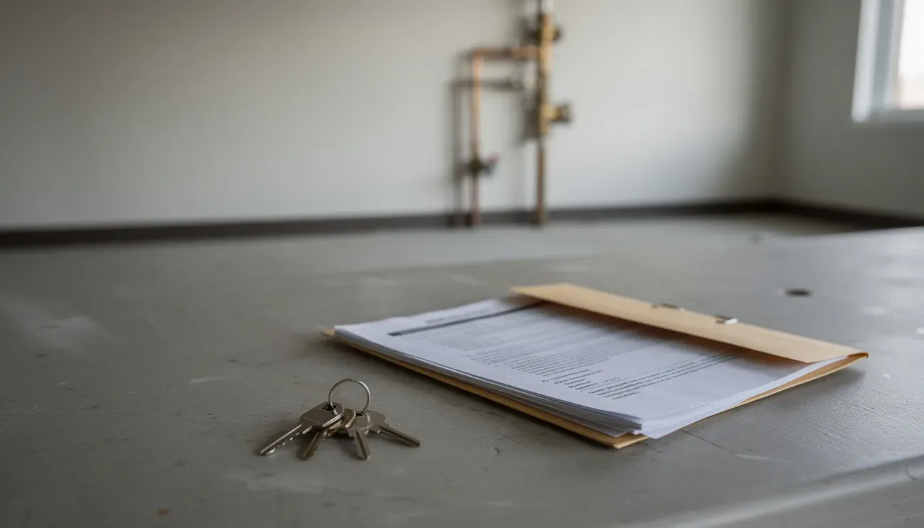 A ring of building keys and a folder of documents on a table in an empty commercial unit, a backflow preventer on the wall behind