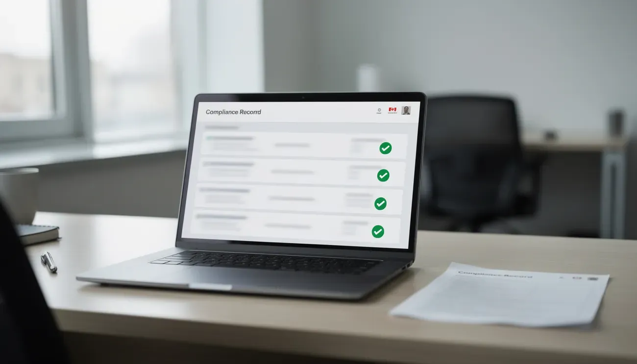 A laptop on an office desk showing a compliance record with check marks, a paper notice beside it