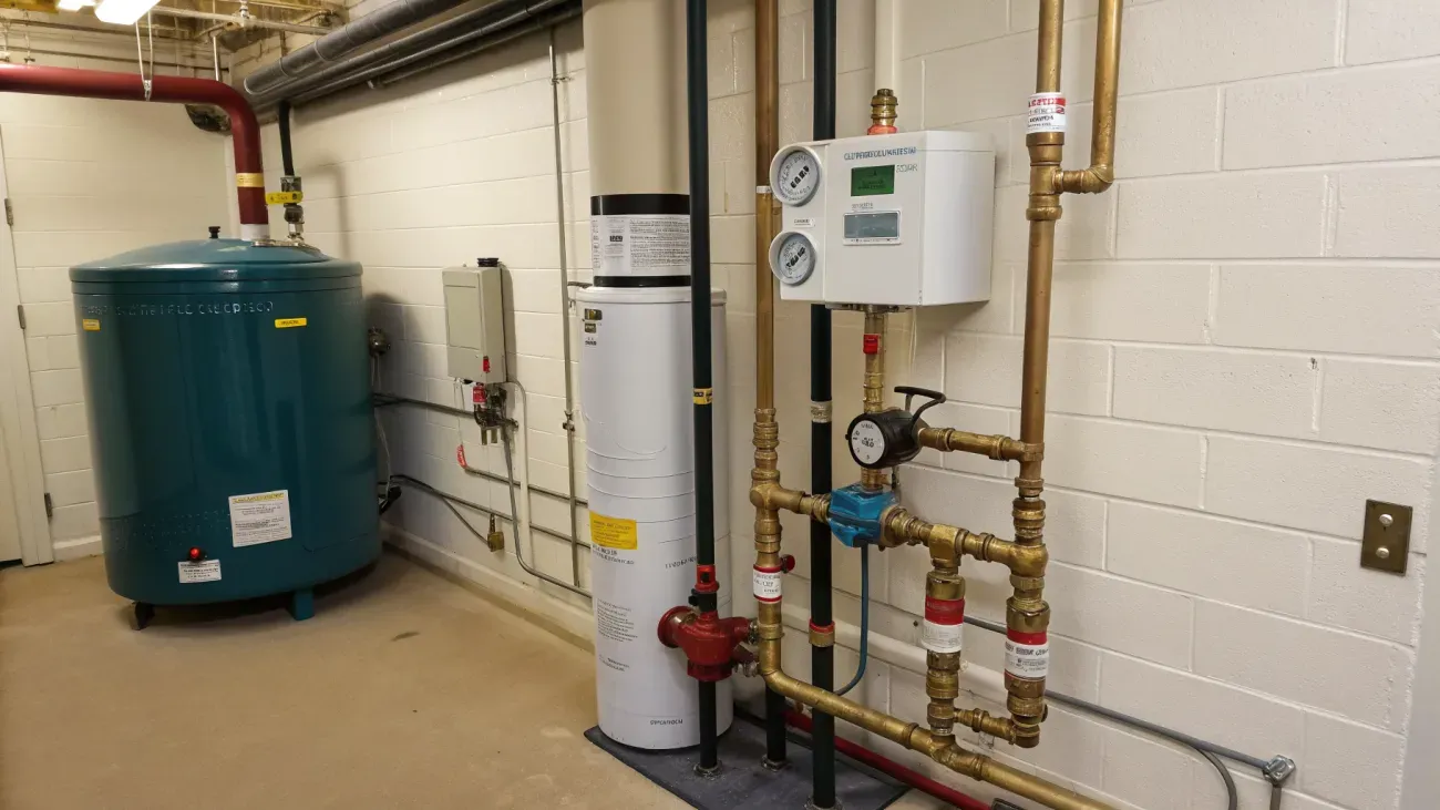 An apartment building mechanical room with a water meter, a brass backflow preventer, a hot water tank and a boiler