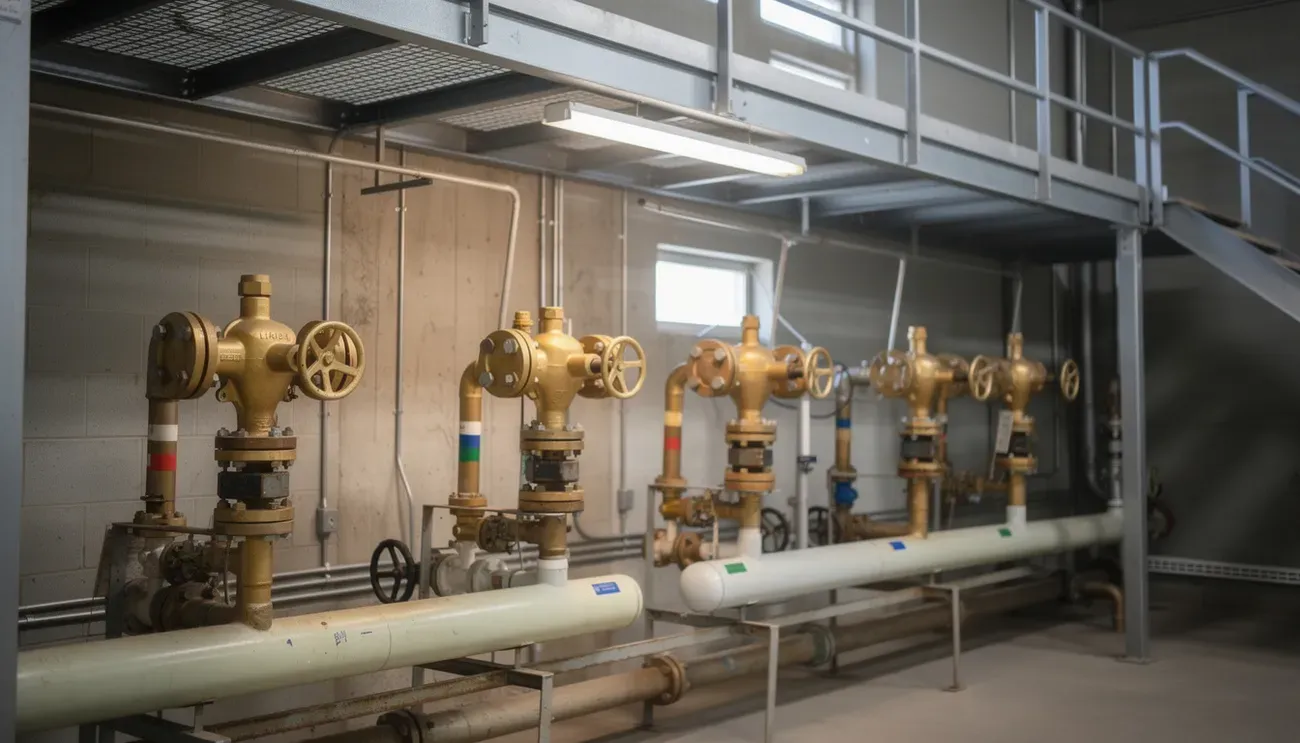 A plant mechanical room with several brass backflow preventers on labelled process lines and a mezzanine above