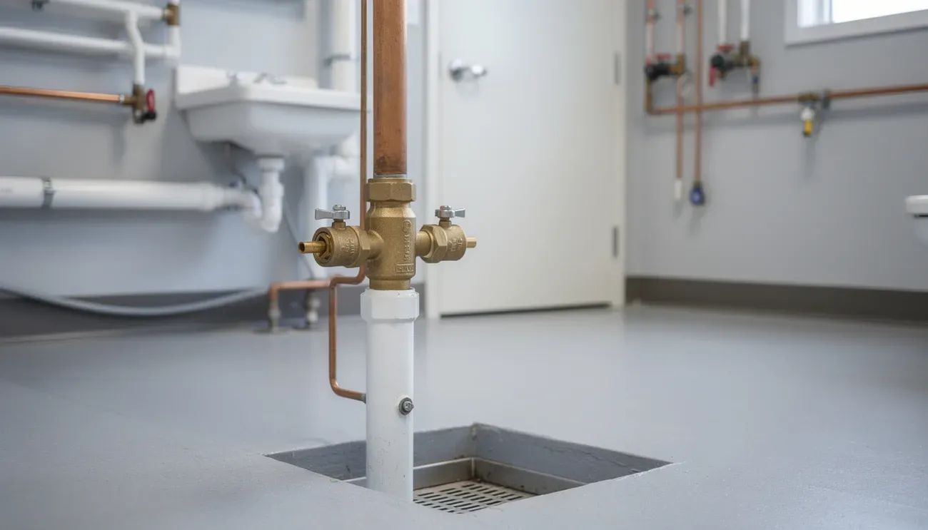 A clinic utility room with a brass reduced pressure backflow preventer discharging over a floor drain