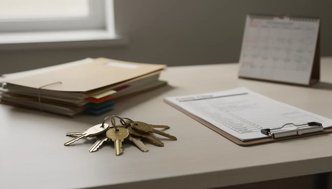 A property manager's desk with a ring of labelled building keys, a stack of building files, a checklist on a clipboard and a desk calendar