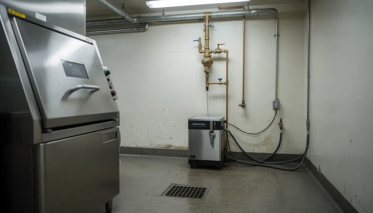 A commercial kitchen back corridor with a dish machine and a brass reduced pressure backflow preventer over a floor drain