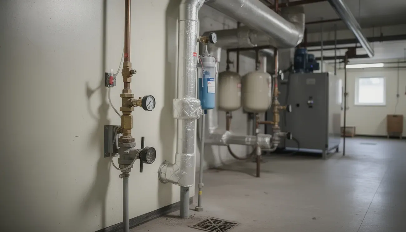 A school boiler room with a brass backflow preventer on the incoming water service and a boiler beyond