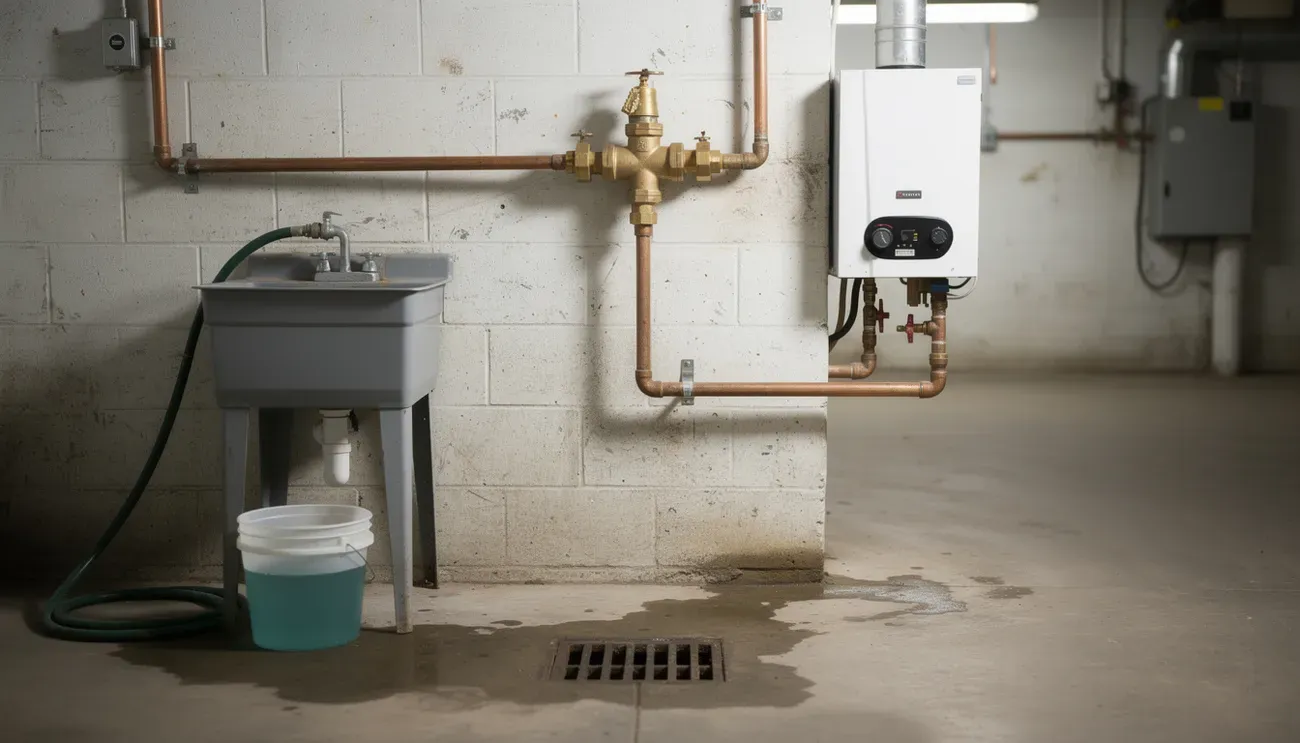 A basement utility area where the incoming water line feeds a laundry sink with a hose left in a bucket, a small heater, and a floor drain: a typical cross-connection