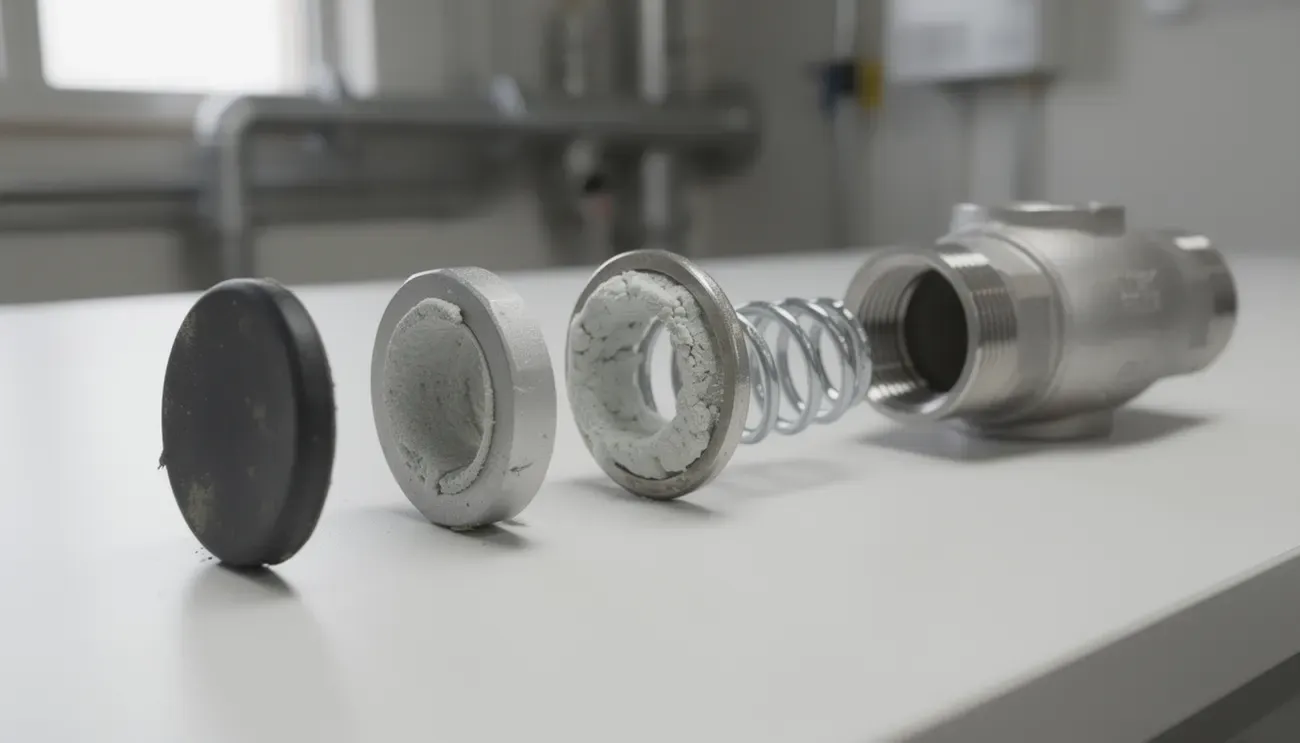 The internal parts of a check valve laid out on a bench: disc, seat, spring and body